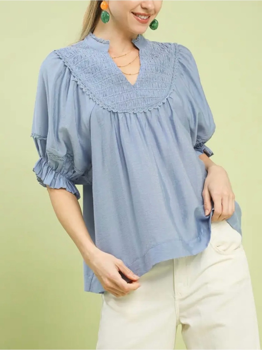 Umgee Light Blue Smocked Yoke Puff Sleeve Blouse